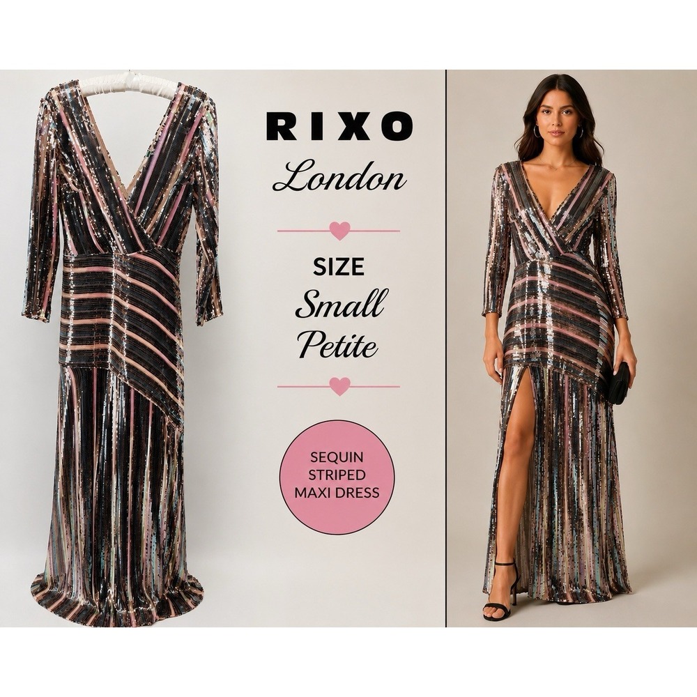 RIXO London Sequin Stripe Wrap Maxi Dress Rose Gold Long Slv Formal Glam Sz S P